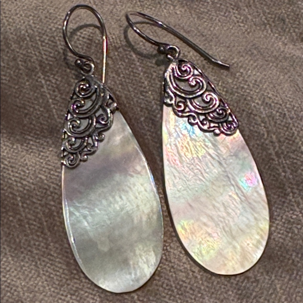 Mother of Pearl Earrings by ATI 925 Sterling Silver French Hooks Scroll Design